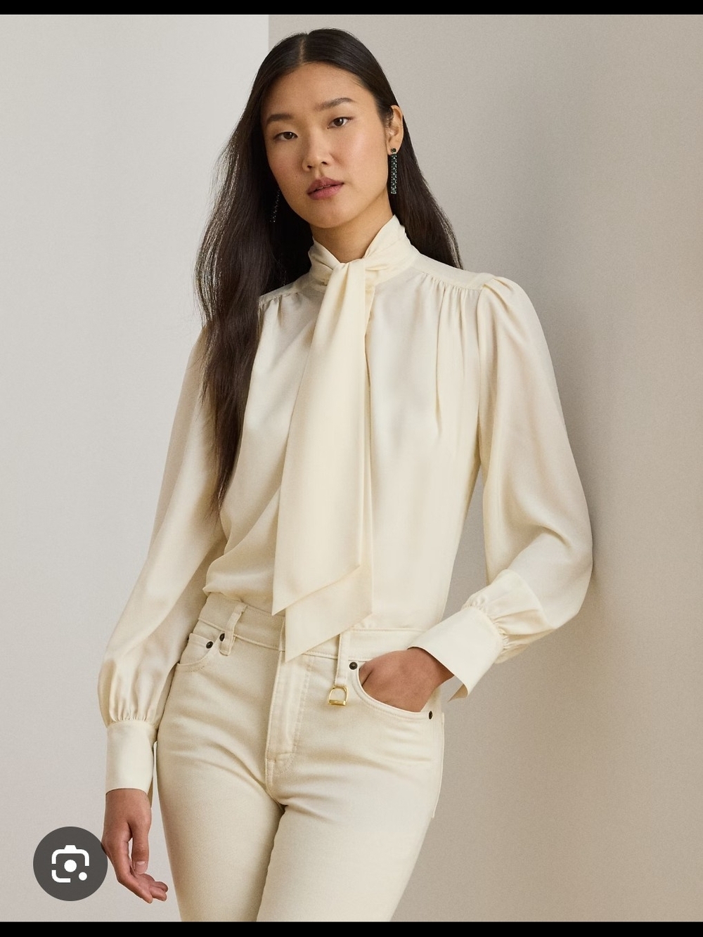 Ralph Lauren Purple Label Cream Tie-Neck Long Sleeve Silk Blouse